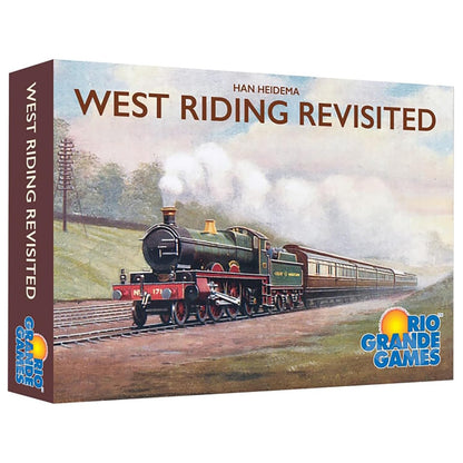 Game box: 'West Riding Revisited' with a vintage green steam train pulling passenger cars on tracks