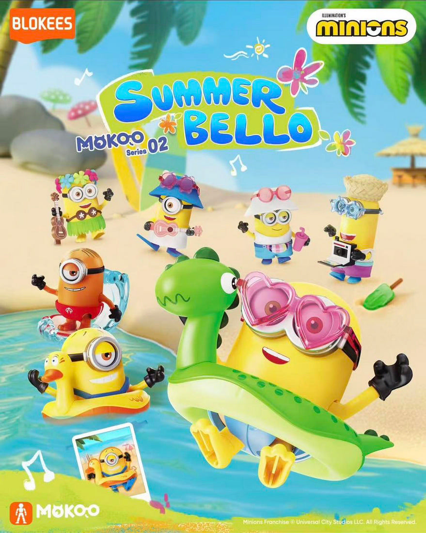 Multiple Minions collectible figures in various summer outfits enjoying beach activities and water sports