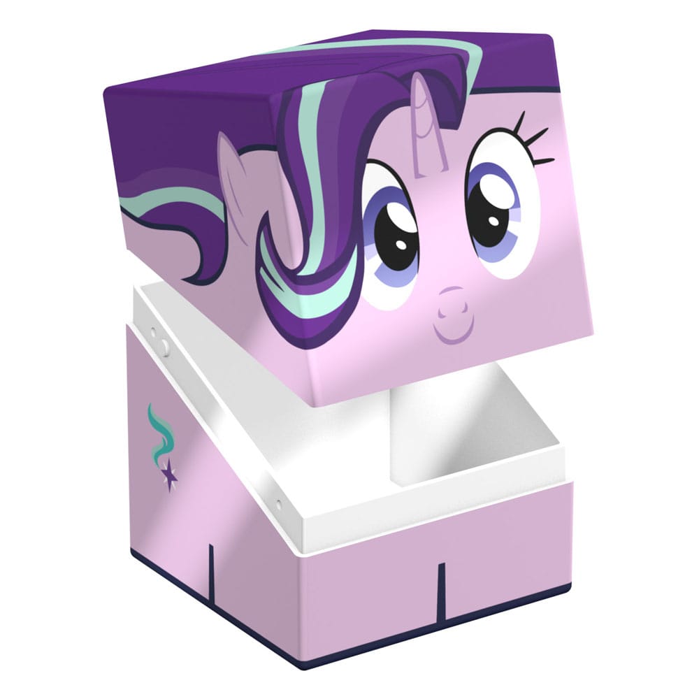 A purple Ultimate Guard Squaroe box featuring My Little Pony&#39;s Starlight Glimmer, with her face on the lid and cutie mark on the side, partially open showing its white interior