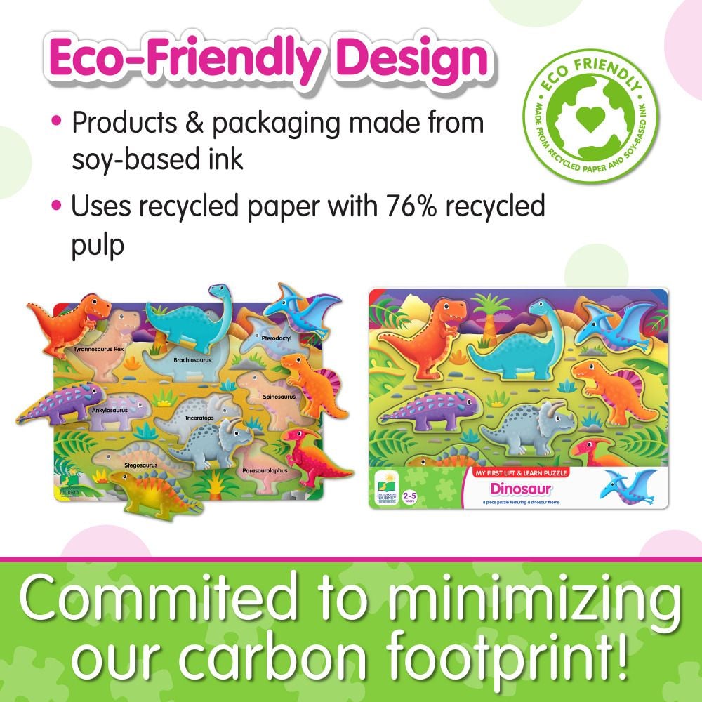 Colourful eco-friendly dinosaur puzzle made with recycled paper and soy-based ink, promoting carbon footprint reduction