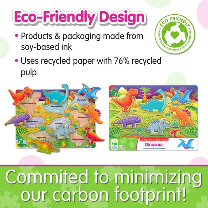 Colourful eco-friendly dinosaur puzzle made with recycled paper and soy-based ink, promoting carbon footprint reduction