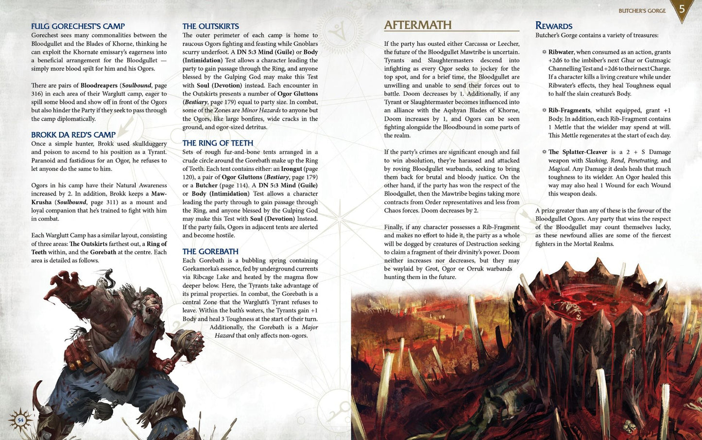 A gaming rulebook page with a fierce green-skinned ogre and a jagged, blood-filled pit