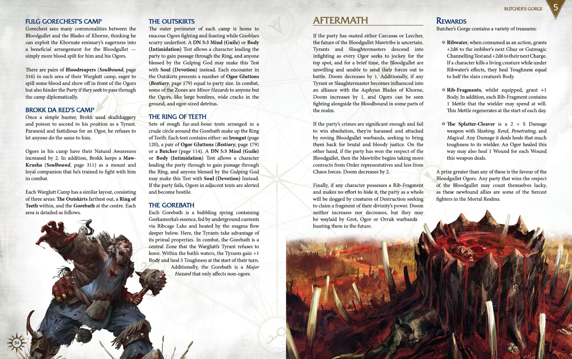 A gaming rulebook page with a fierce green-skinned ogre and a jagged, blood-filled pit