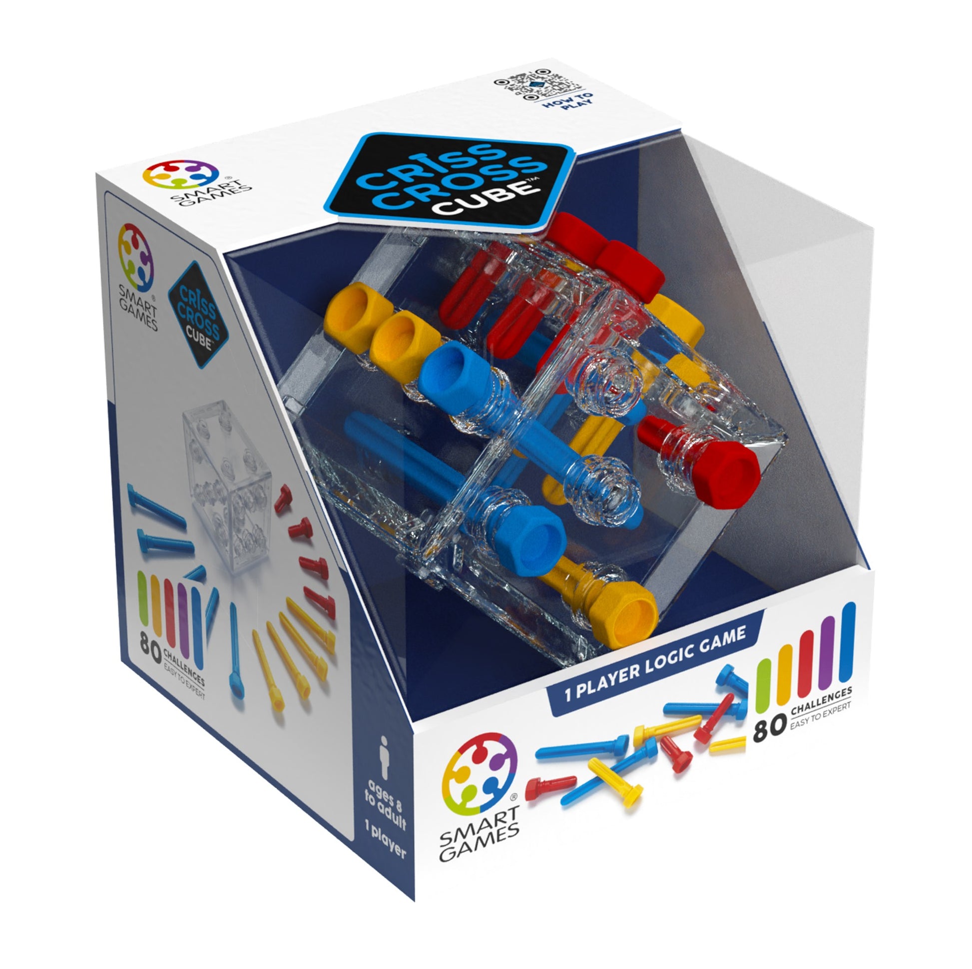 Retail packaging displays the Smart Games Criss Cross Cube, a transparent puzzle with red blue and yellow intersecting pegs for 80 logic challenges