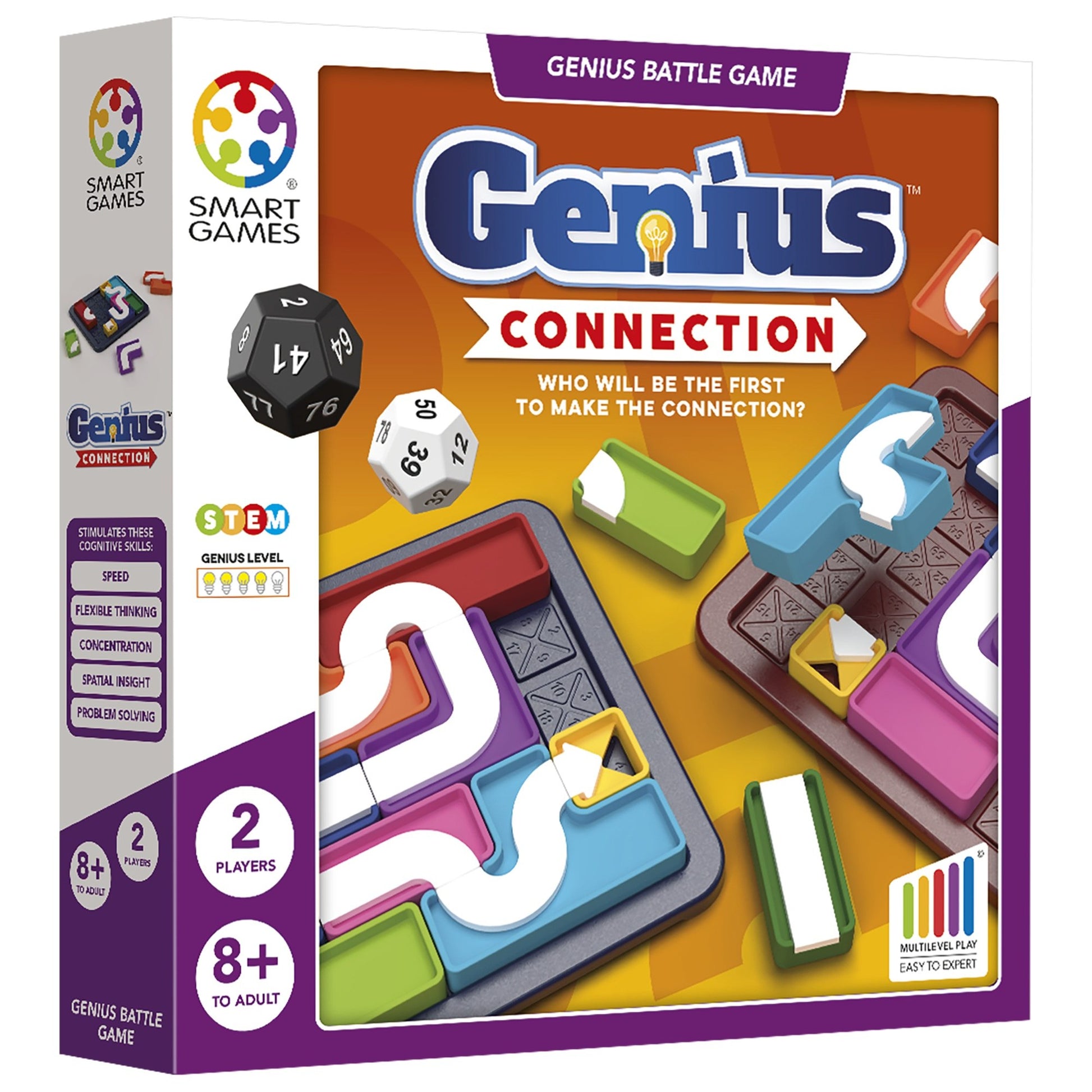 Packaging displays the Genius Connection puzzle game board with brightly colored tiles and winding white paths, numerical dice, and labeling for two players ages 8+
