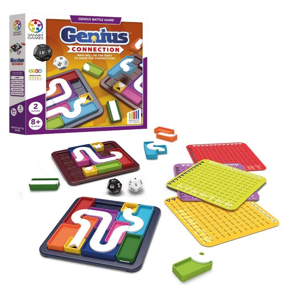 The Genius Connection Battle Game box is shown with its contents spread out, including two dark puzzle boards, colorful path tiles, two dice, and several large grid challenge cards