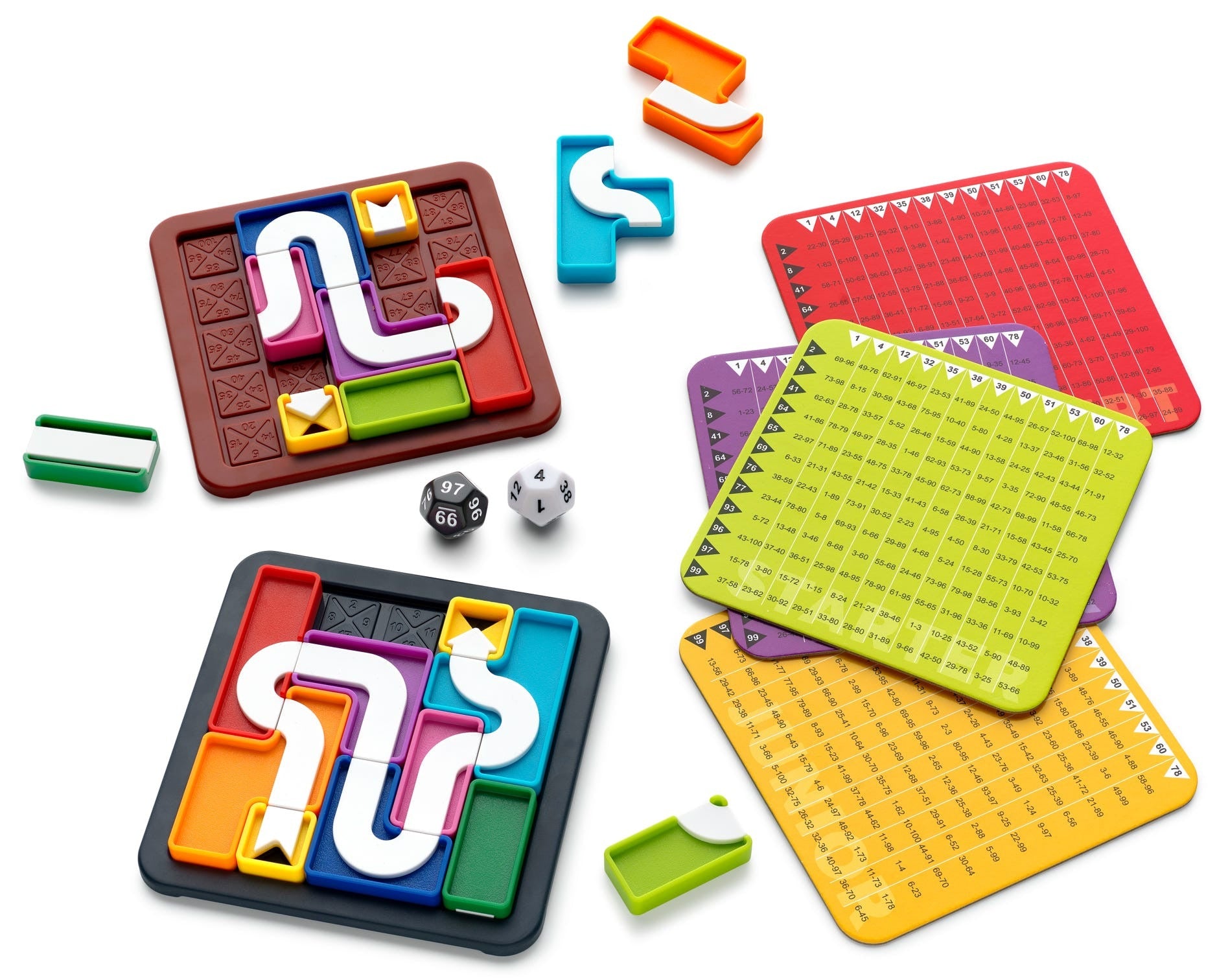 This image shows the Genius Connection brain teaser puzzle with two boards holding curved white path tiles, four numbered instruction cards, and dice scattered across a white surface