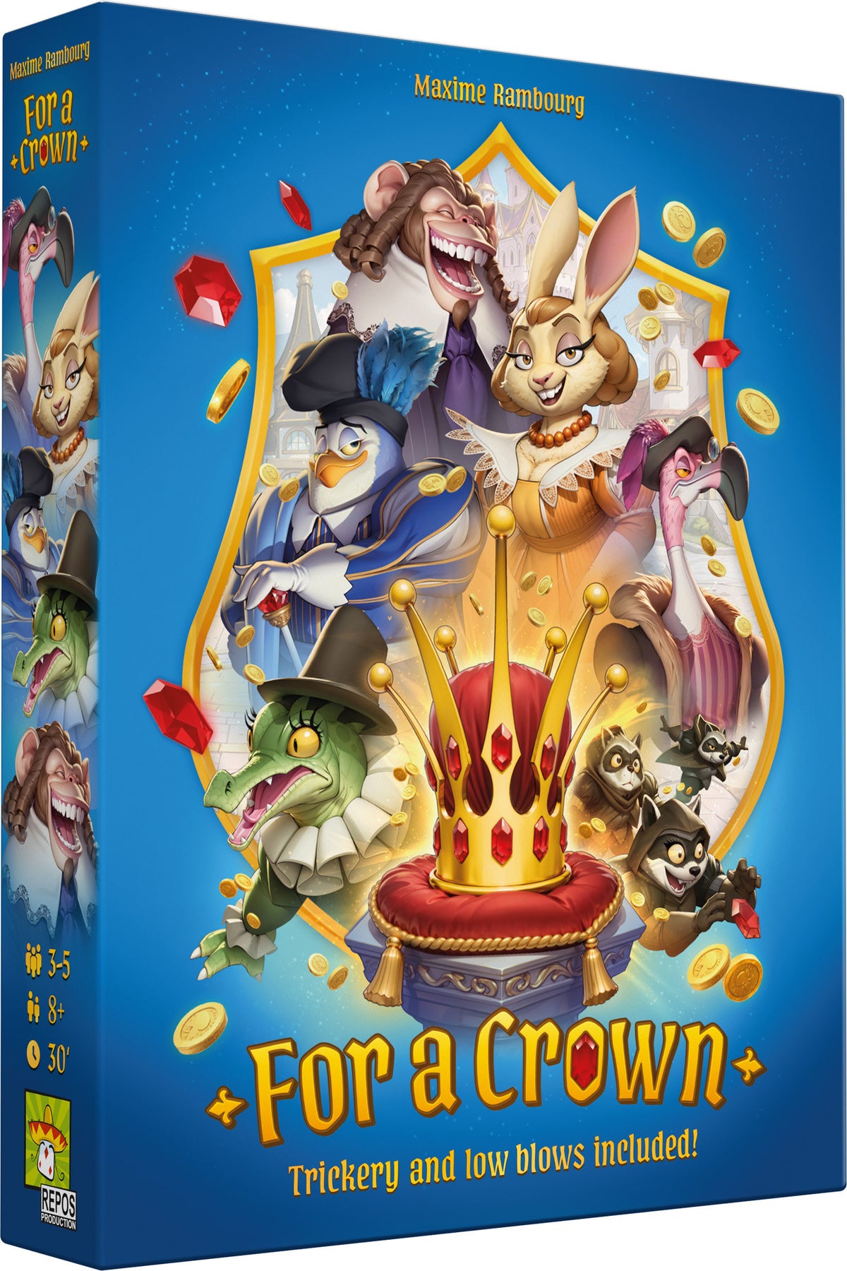 For a Crown board game box featuring cartoon animals in regal attire coins and gems on a blue background