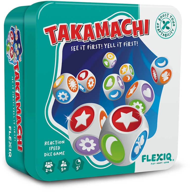 Takamachi reaction speed dice game in teal tin box