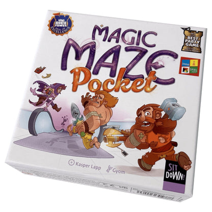 The white box for Magic Maze Pocket shows animated fantasy heroes desperately running across an escalator to escape with stolen goods, featuring multiple game awards