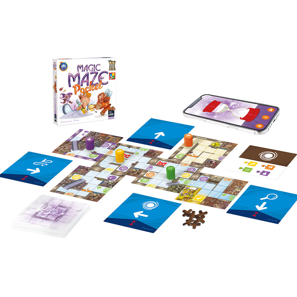 The Magic Maze Pocket cooperative game laid out, showing the box, the modular maze board, four colorful cylindrical pawns, action cards, and a separate smartphone timer