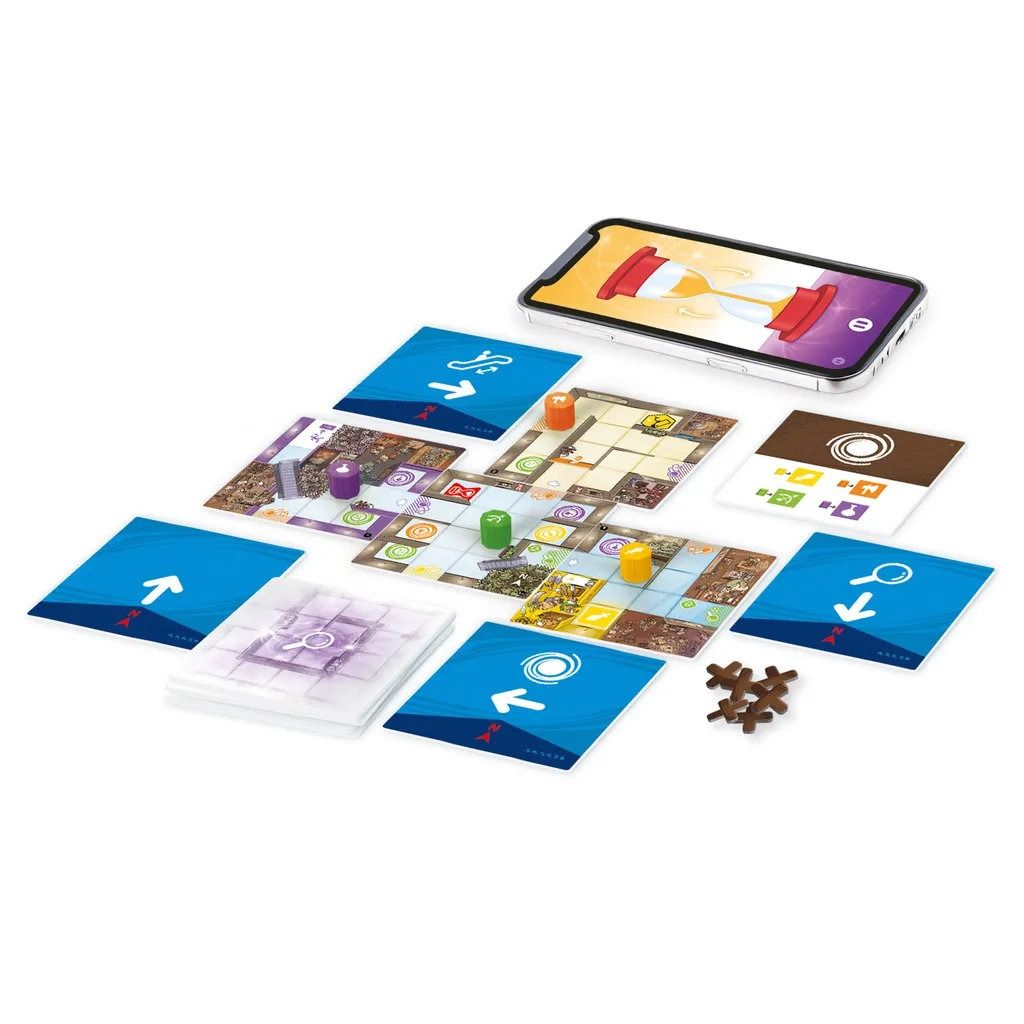 The Magic Maze Pocket game layout features connected modular maze tiles with four colored pawns, stacks of blue movement cards, wooden tokens, and a phone displaying an hourglass timer app
