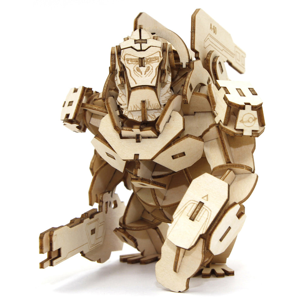 Incredibuilds Overwatch Winston 3D wooden model kit of a gorilla robot on a white background