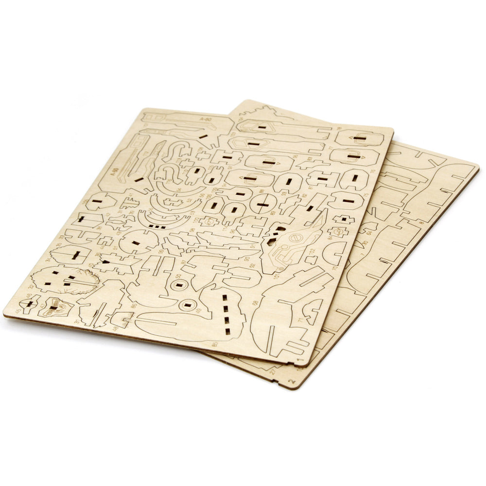 Unassembled wooden puzzle sheets for the Incredibuilds Overwatch Winston 3D model