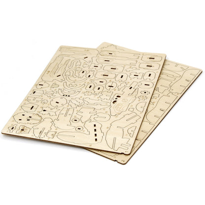 Unassembled wooden puzzle sheets for the Incredibuilds Overwatch Winston 3D model