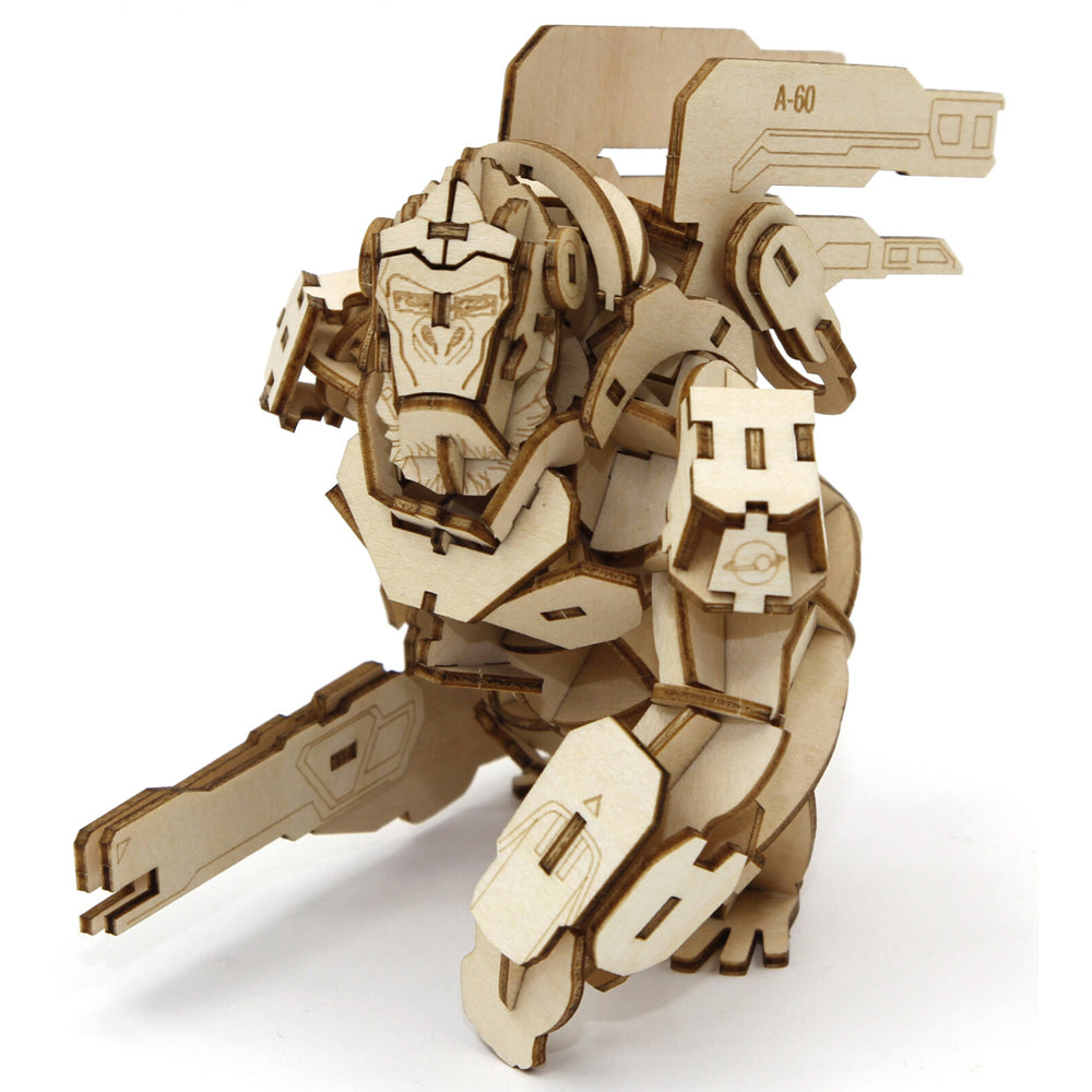 Wooden 3D model of Overwatch's Winston gorilla showing details like the A-60 on the jetpack