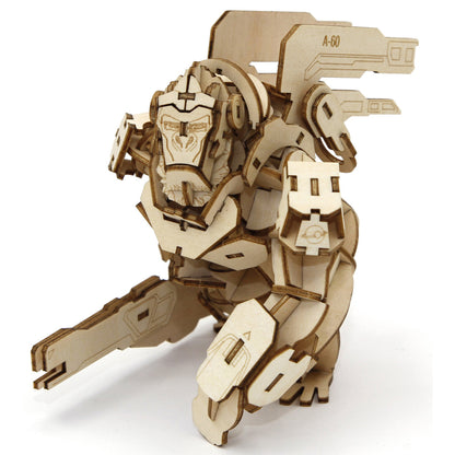 Wooden 3D model of Overwatch's Winston gorilla showing details like the A-60 on the jetpack