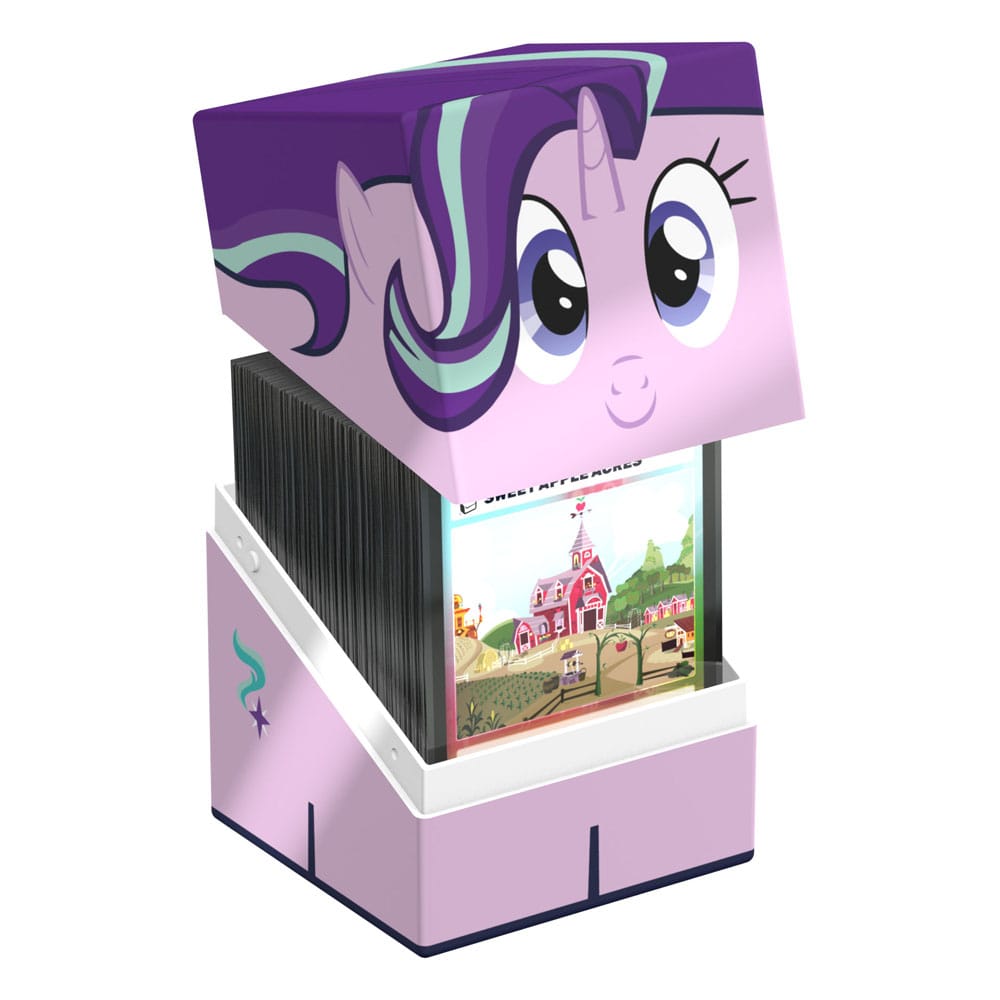 A light purple Squaroes deck box featuring a My Little Pony character face on its open lid, filled with cards