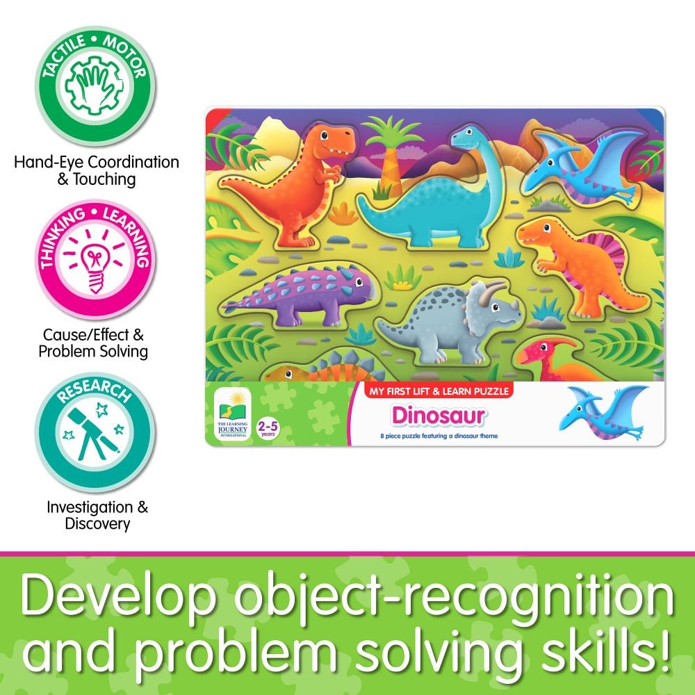 Colourful 8-piece Lift & Learn Dinosaur puzzle board for ages 2-5, promoting tactile, motor, and problem-solving skills