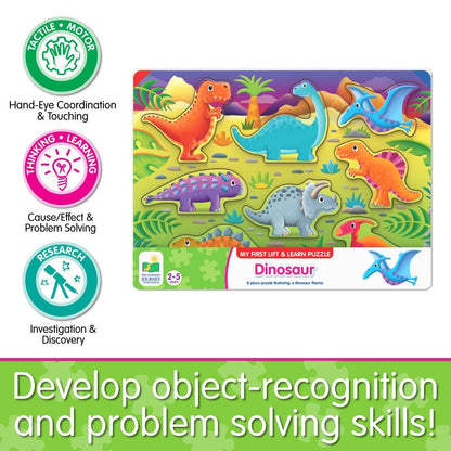 Colourful 8-piece Lift & Learn Dinosaur puzzle board for ages 2-5, promoting tactile, motor, and problem-solving skills