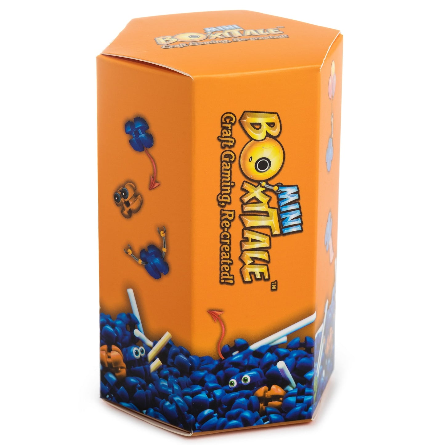 An orange hexagonal box for "MINI BOXITALE" craft game, featuring colorful modular building pieces and a robot logo