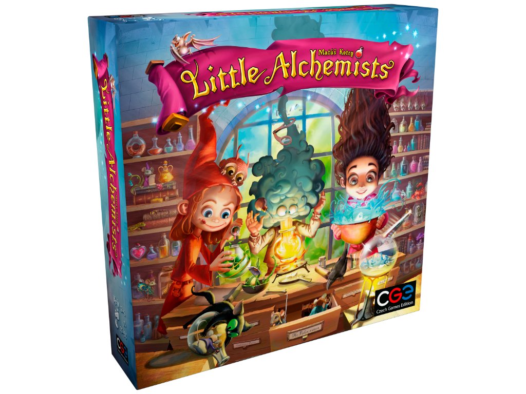 "Little Alchemists" board game box, featuring cartoon characters excitedly mixing colorful potions in a detailed lab