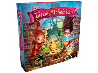 "Little Alchemists" board game box, featuring cartoon characters excitedly mixing colorful potions in a detailed lab