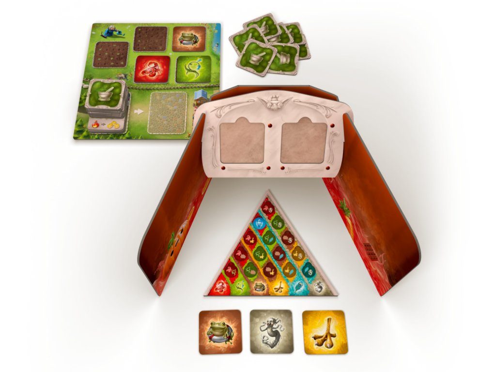 Colorful board game components laid out: farm board, resource cards, player screen, and triangular token track