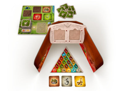 Colorful board game components laid out: farm board, resource cards, player screen, and triangular token track