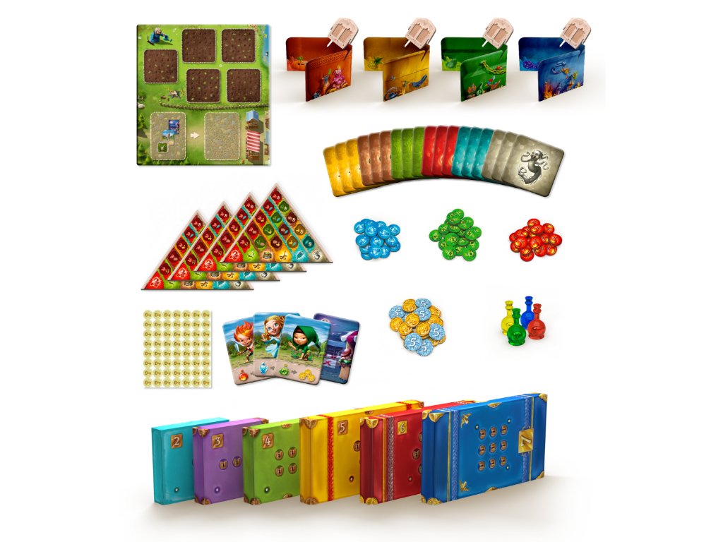 Colorful board game components laid out: cards, tokens, playmat, and six numbered trunk-like player boxes