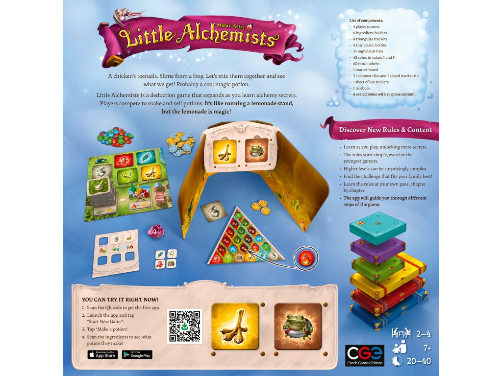 Little Alchemists board game display, featuring components like ingredient tiles, potion tokens, player screens, and stacked boxes