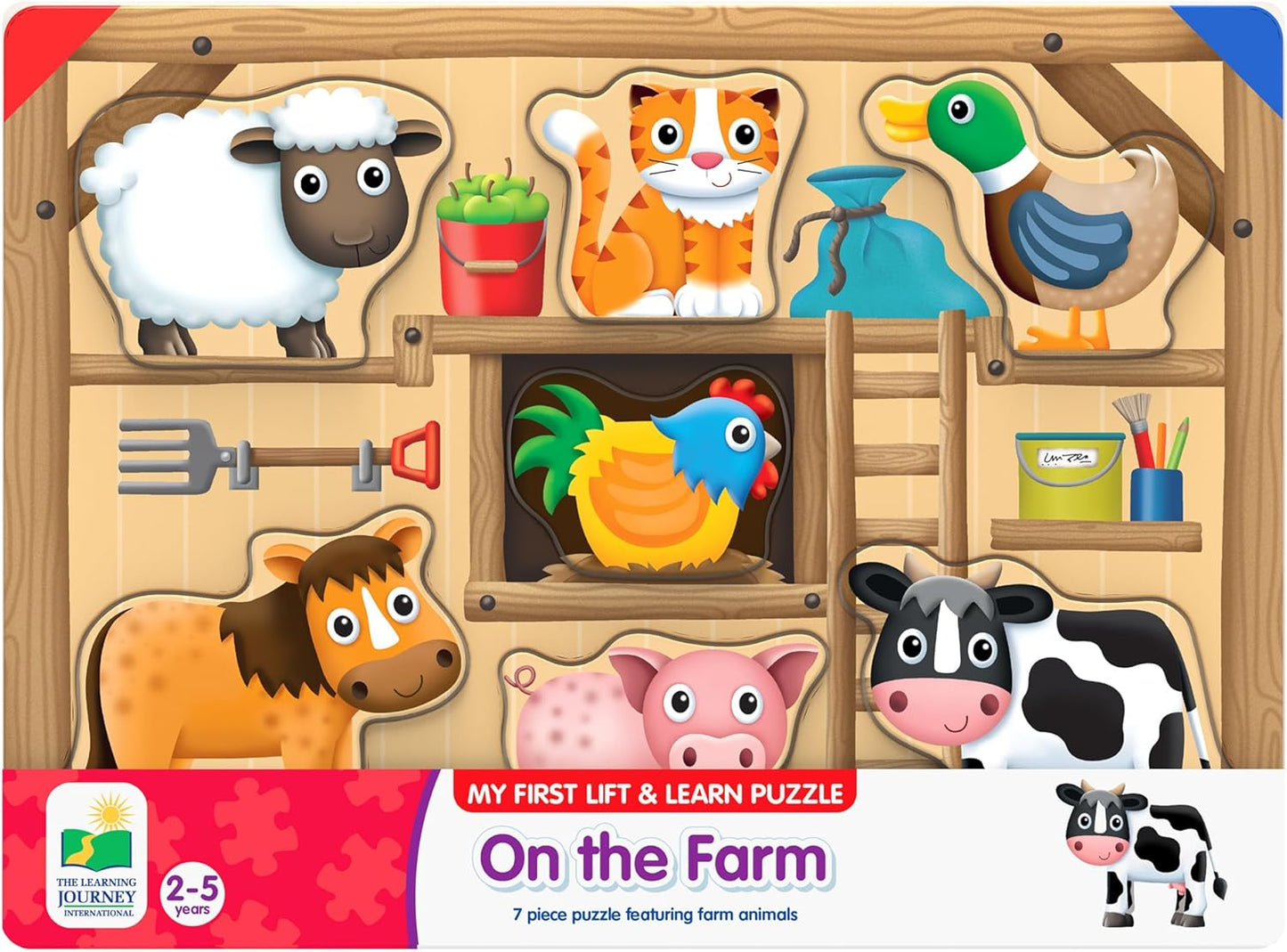 Farm animal lift-and-learn puzzle board featuring a sheep, cow, pig, horse, duck, cat, and rooster in a wooden stable setting