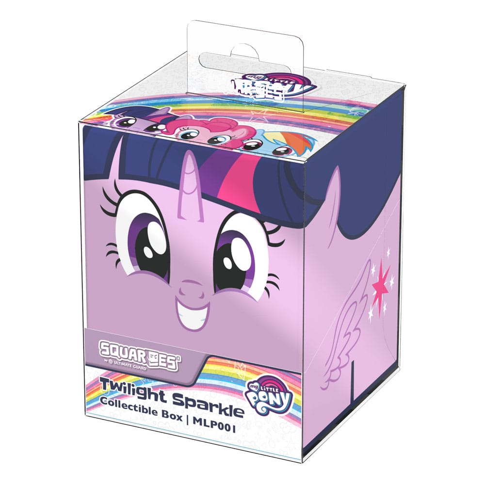 A purple Squaroes collectible box for My Little Pony Twilight Sparkle, featuring her face on the front and other ponies on a rainbow on top
