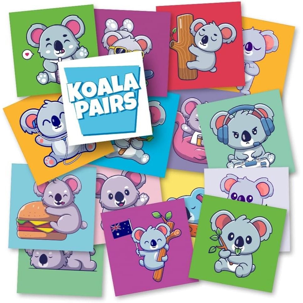 Scattered colourful cards featuring cartoon koalas doing different activities, "KOALA PAIRS" title card is centered