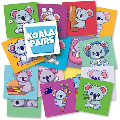 Scattered colourful cards featuring cartoon koalas doing different activities, "KOALA PAIRS" title card is centered