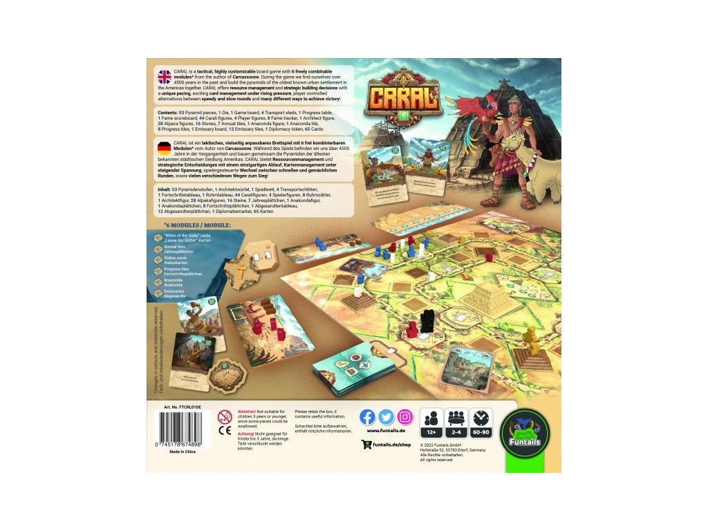Caral board game components including the board cards and game pieces displayed with the box art and product details