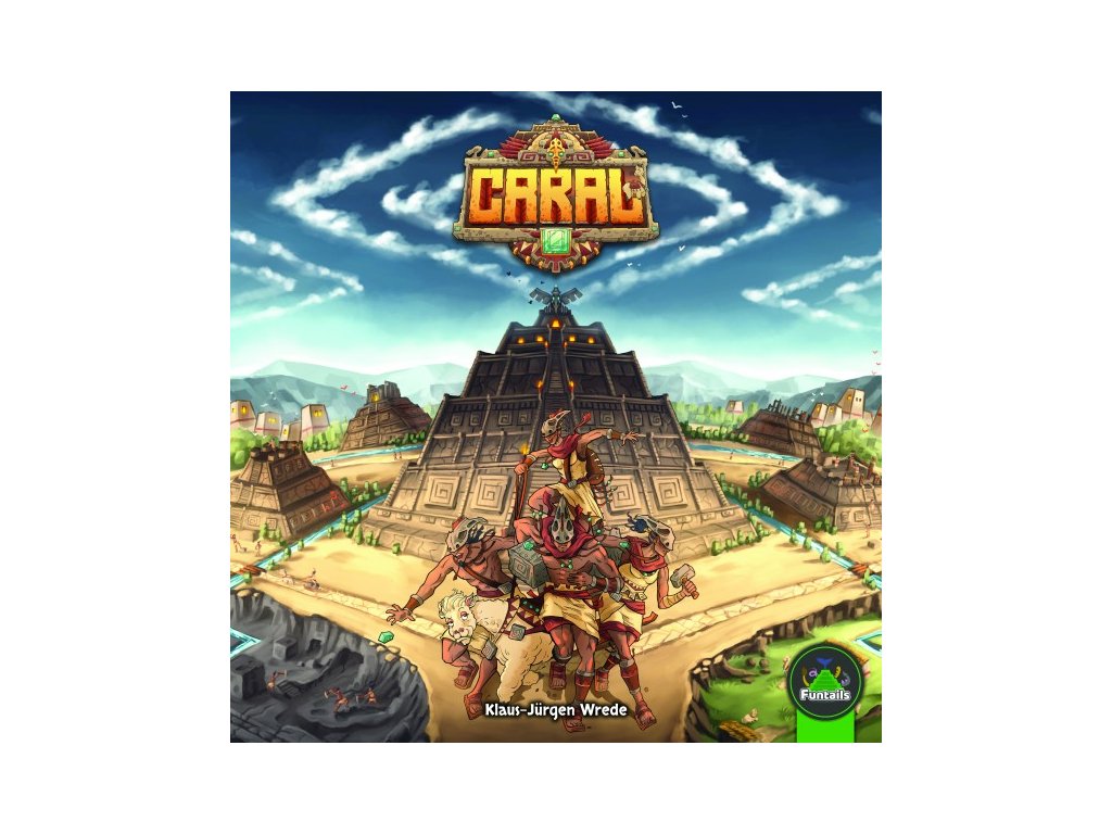Box art for the board game Caral featuring an ancient temple and several figures carrying resources