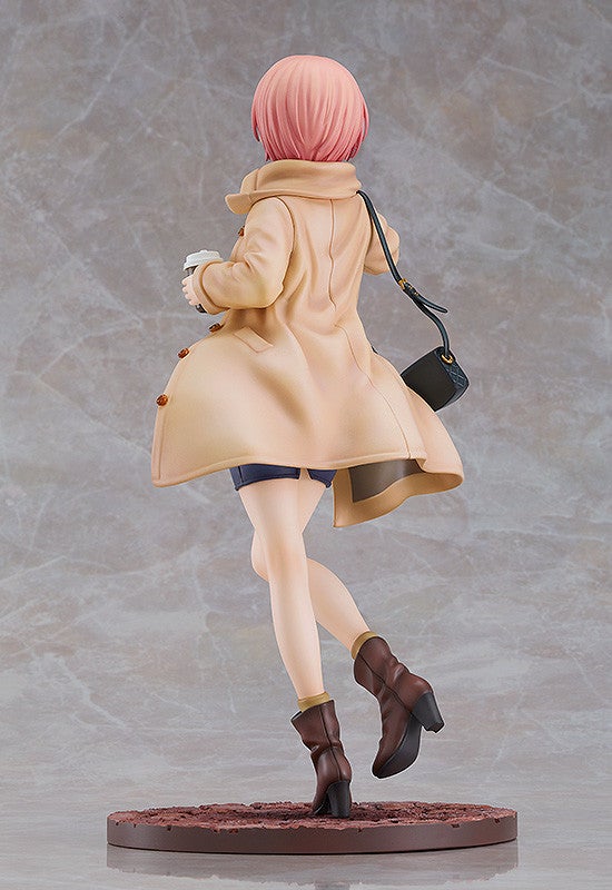 Anime figure of a woman with short pink hair wearing a beige coat and brown boots holding a coffee cup