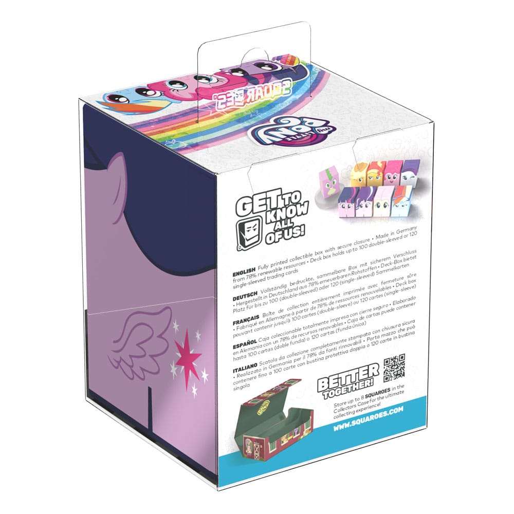 A Squaroe box for My Little Pony, featuring colorful characters on the lid and a purple winged pony design on the side