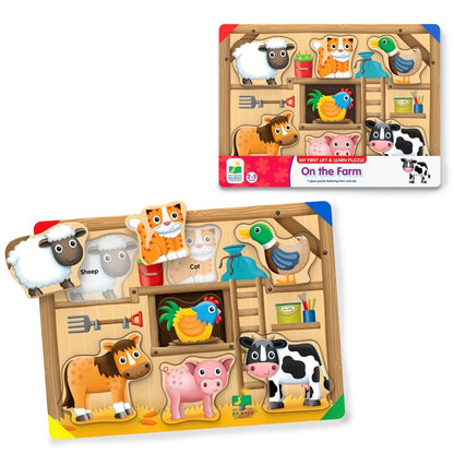 Lift & Learn On the Farm wooden puzzle with pieces for a sheep, cat, duck, rooster, pony, pig, and cow
