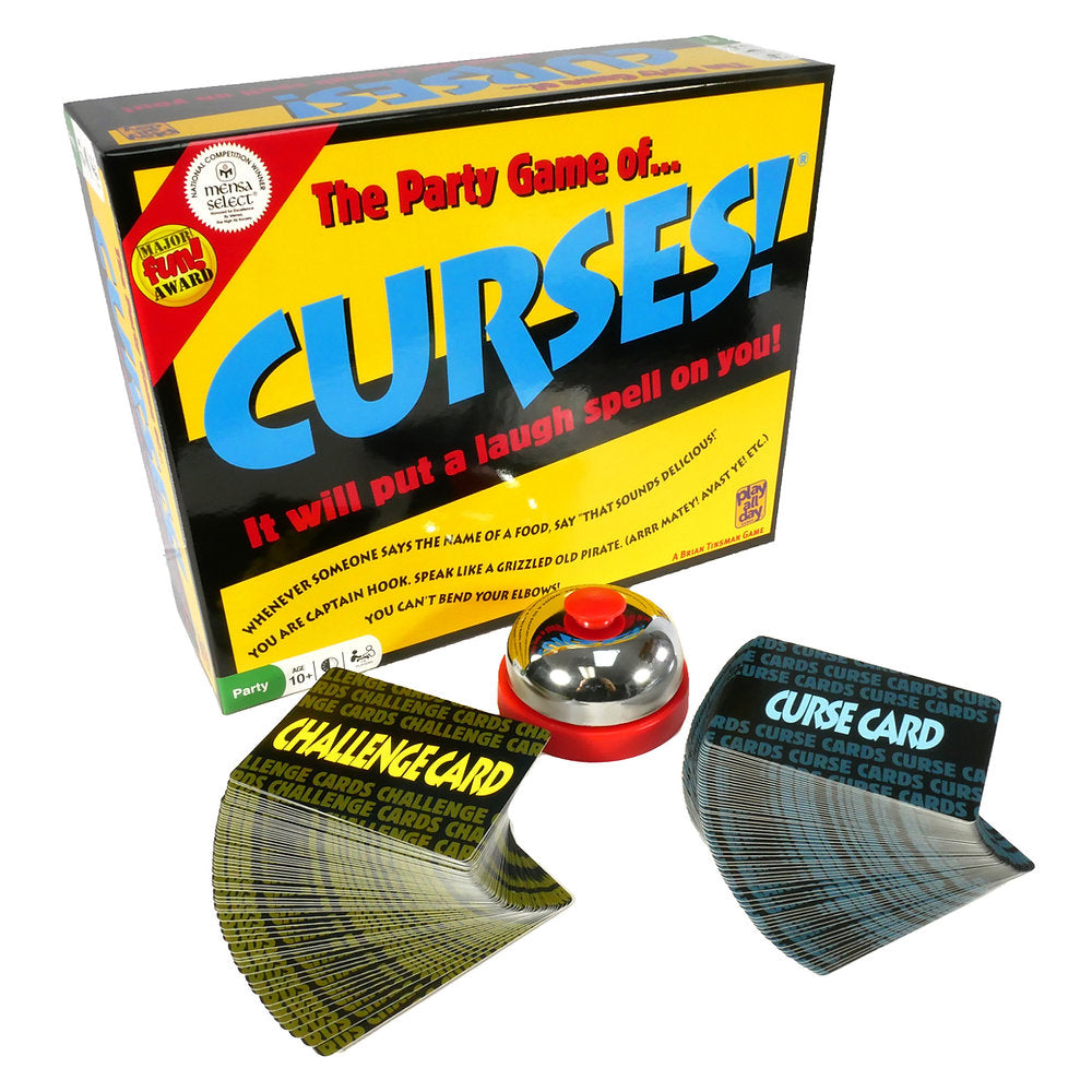 The CURSES! party game box is shown with decks of cards and a red buttoned tabletop bell