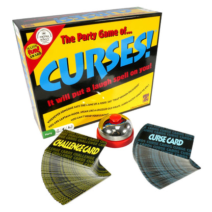 The CURSES! party game box is shown with decks of cards and a red buttoned tabletop bell