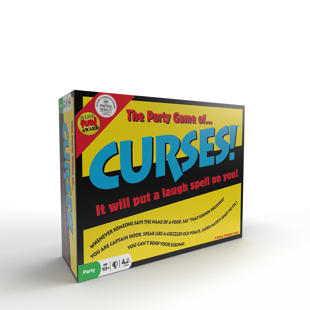 The yellow and black box for "CURSES! The Party Game," shown at an angle, displaying Mensa Select award