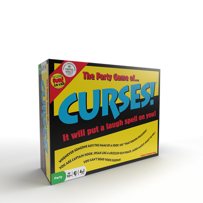 The yellow and black box for "CURSES! The Party Game," shown at an angle, displaying Mensa Select award