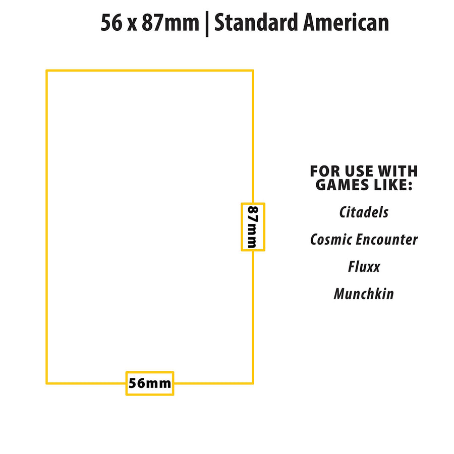 Standard American card sleeve dimensions: 56x87mm, compatible with Citadels, Cosmic Encounter, Fluxx, Munchkin