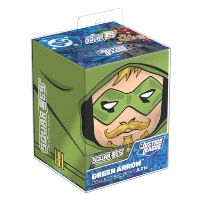 Green Arrow Justice League SQUAROES collectible box featuring a large cartoon illustration of the hooded hero's face