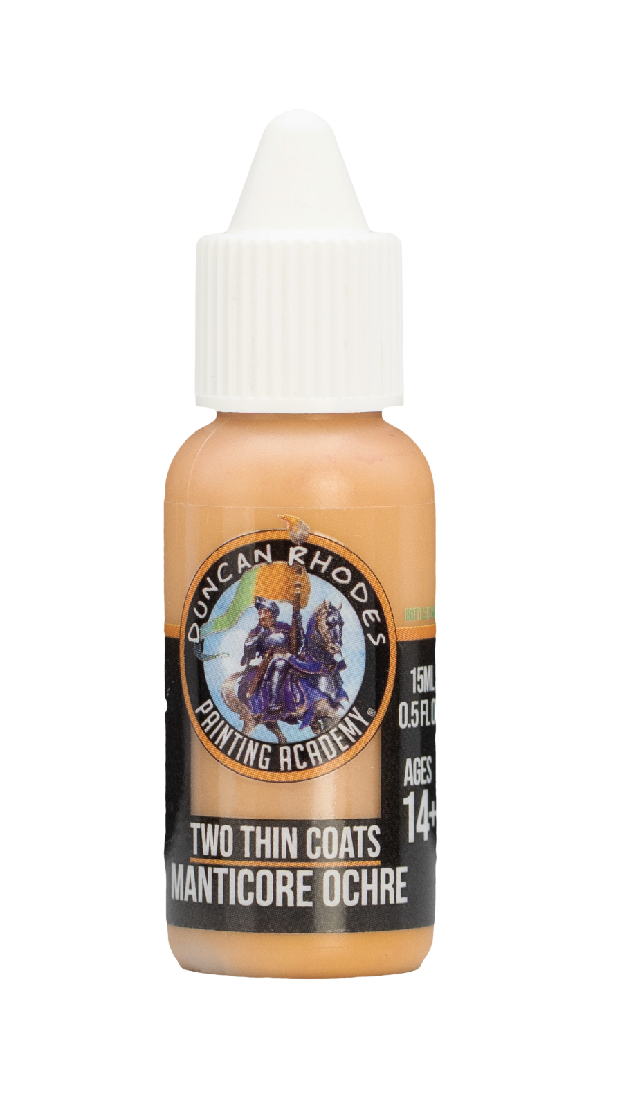Duncan Rhodes Manticore Ochre miniature paint in a beige dropper bottle with a white cap