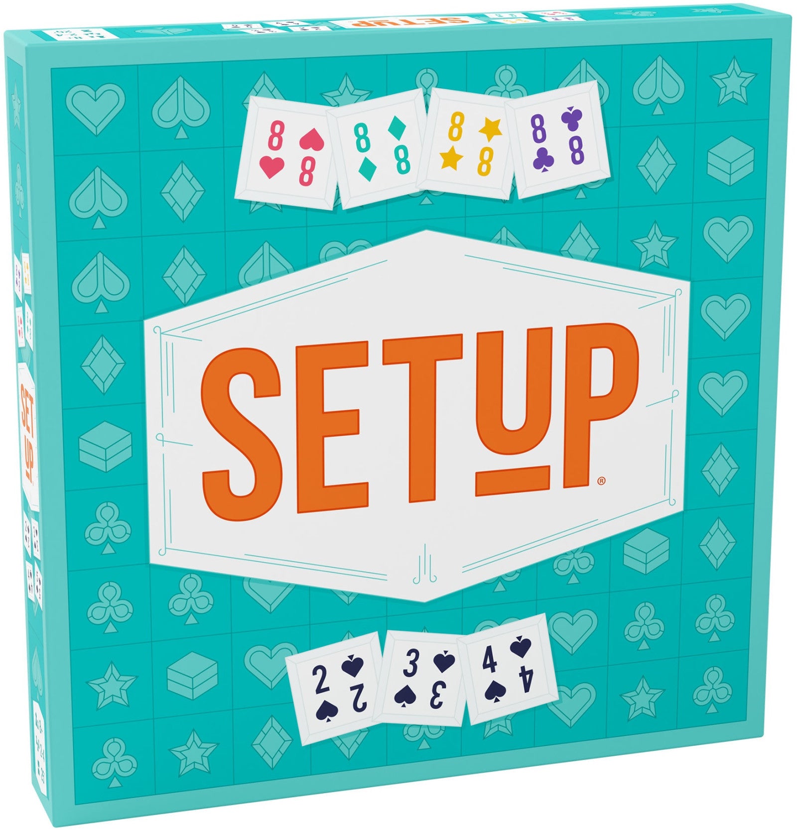 Teal board game box with the word SETUP in orange featuring card suit patterns and playing cards