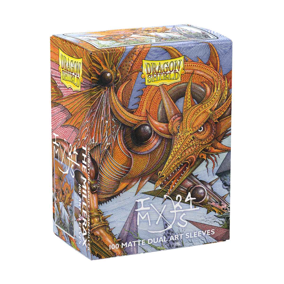 A box of The Millerax Dragon Shield sleeves featuring intricate orange dragon art against a light blue background
