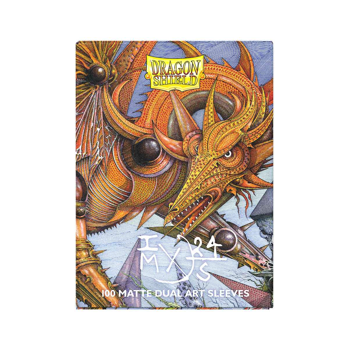 Dragon Shield Sleeves with detailed art of an orange and gold mechanical dragon&#39;s head